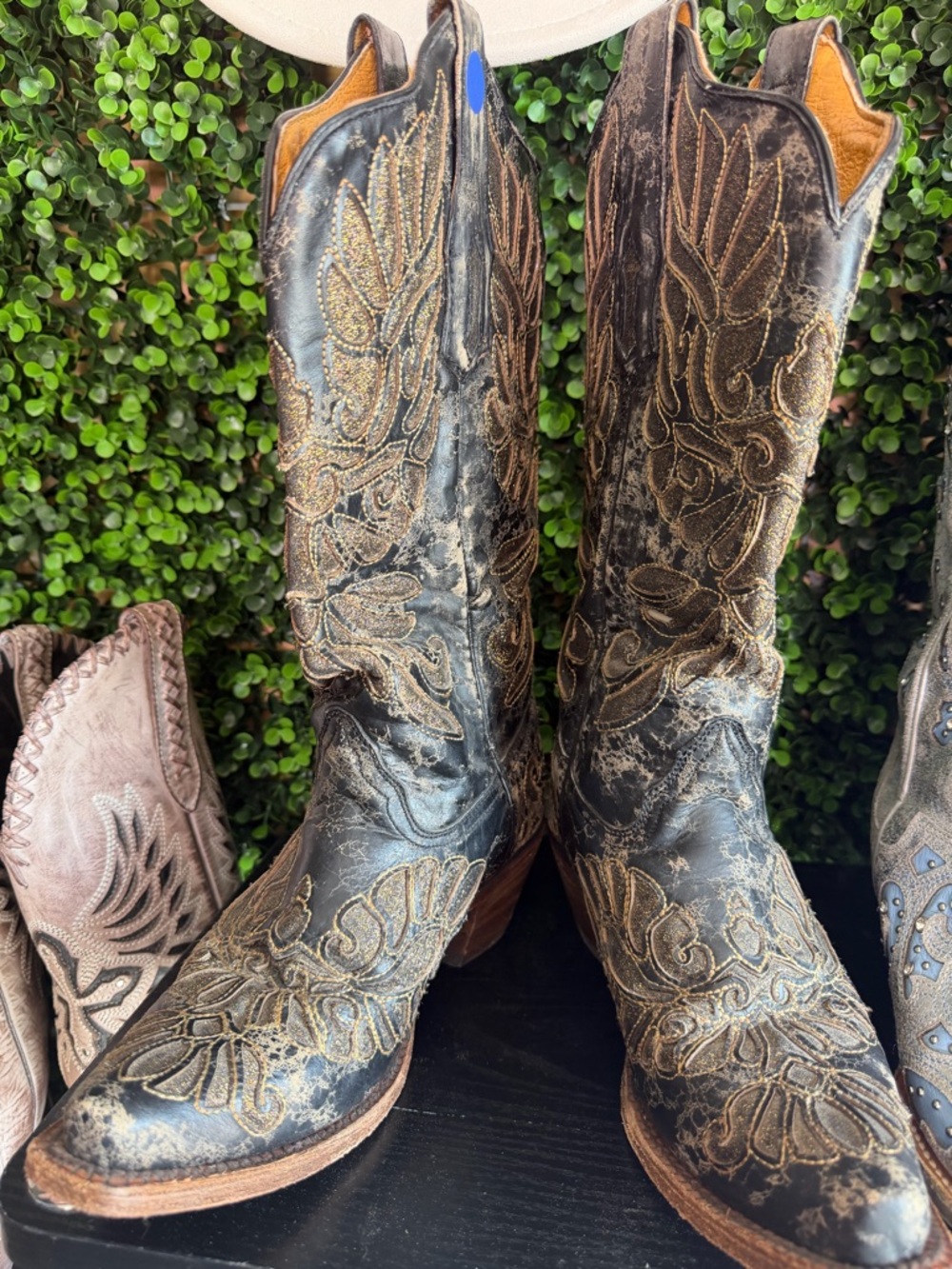 Womenβs Embroidered Distressed Western Ankle Boots - Black/Brown